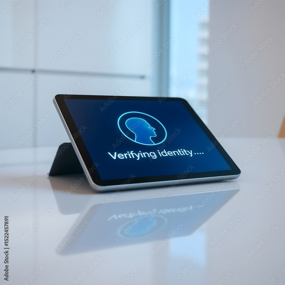 Poster verifying identity request on tablet screen with modern office background
