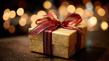 Golden gift box with red ribbon bow on velvet, evoking luxury and celebration