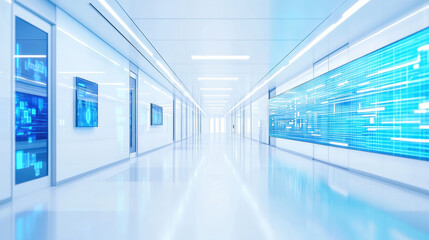 Naklejka premium Sleek, modern corridor in futuristic clinic features bright white walls and high tech displays, creating clean and innovative atmosphere
