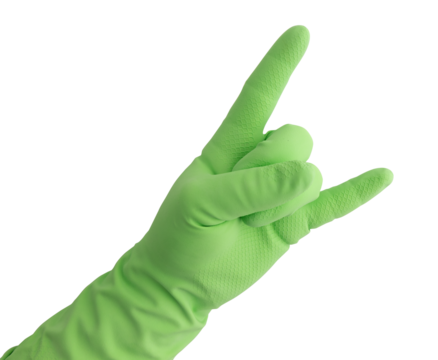 hand in green rubber glove showing devil horns sign isolated on white background, cleaning concept