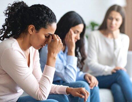 Three women in a pensive group discussion