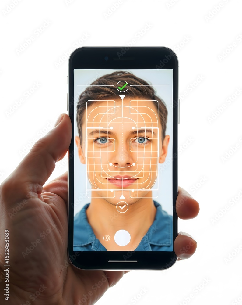 Poster man holding smartphone for identity verification request on screen
