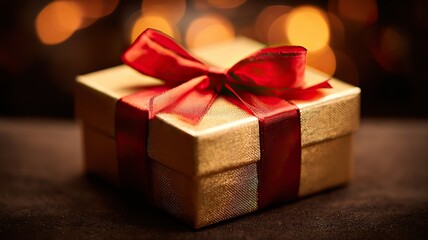 Obraz premium Golden gift box with red ribbon bow on velvet, evoking luxury and celebration