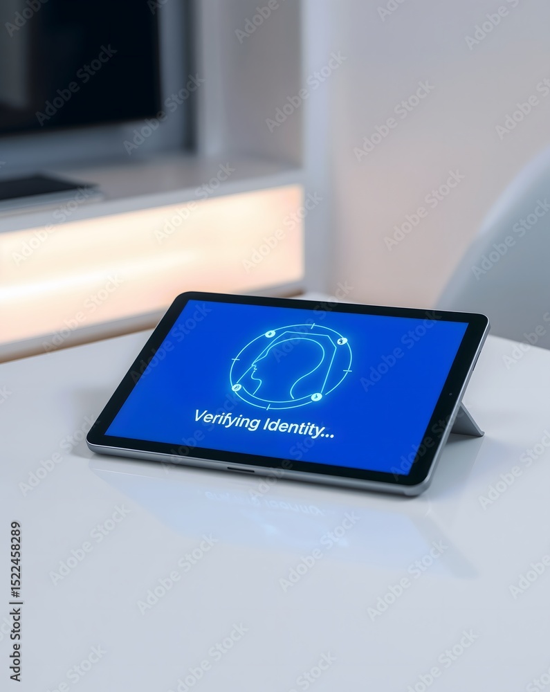 Poster verifying identity request on tablet with blue screen in modern setting