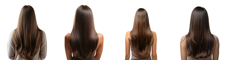 A collection of women with straight long brown hair, viewed from the back, isolated on a transparent background