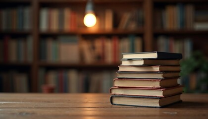 Stack of Book on Wooden Desk Against Bookshelf