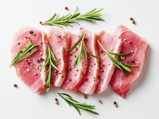 Sliced raw pork meat garnished with rosemary and pepper on a clean surface