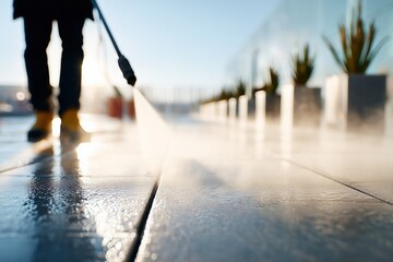 Woman pressure washing patio on a sunny day with water spraying everywhere