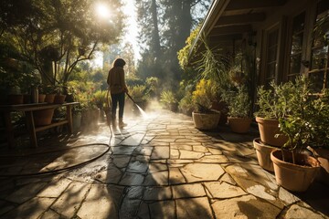 Woman pressure washing patio in backyard garden during golden hour