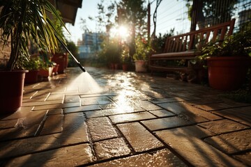 Woman cleaning backyard patio with pressure washer in evening sunlight