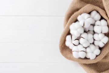 Cotton bolls in a burlap sack on a white wooden surface
