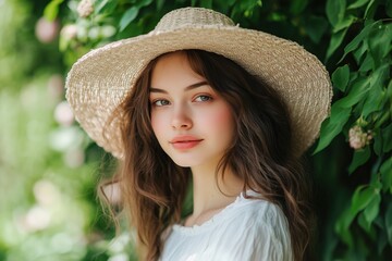 Woman in a straw hat enjoying a sunny day in a lush green garden while smiling gently