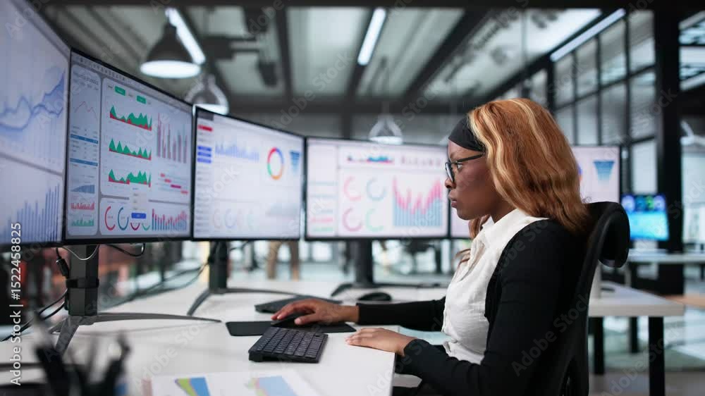 Poster data analyst woman monitoring business analytics dashboard
