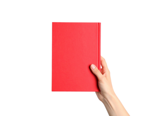 Hand holding red book on transparent background