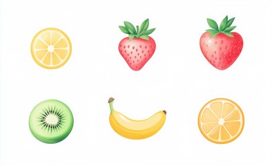 Realistic fruit icon set isolated on white background with peach, strawberry, orange, apple, banana, and watermelon