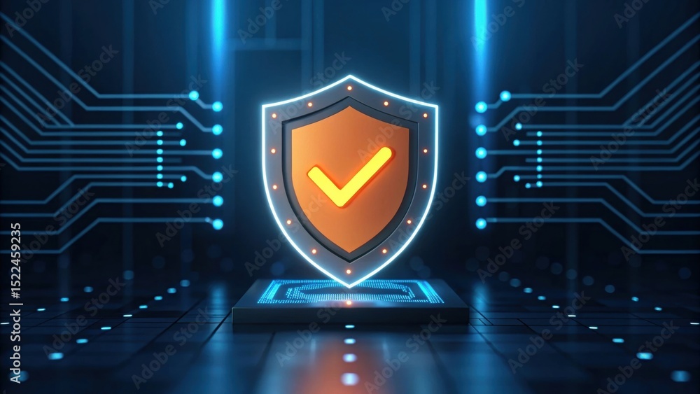 Poster digital shield symbolizing security and protection, surrounded by circuit patterns.