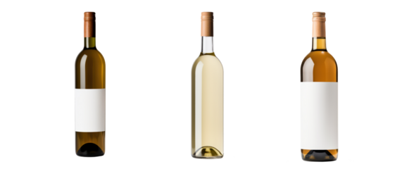 set of three different wine bottles with blank lable isolated on white or transparent png