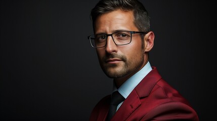 perfectly composed portrait of a businessman wearing glasses and a sleek red suit 