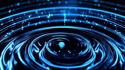 Glowing concentric circles in shades of electric blue radiating outward in a futuristic pattern; abstract background depicting flow, energy, and movement - Powered by Adobe