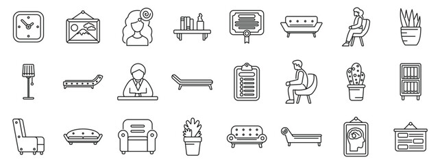 Psychologist office icons set. Psychotherapist consulting room icons showing furniture, plants, diploma, patient, and doctor