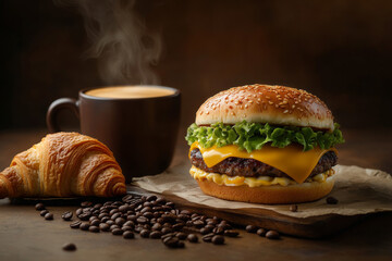Delicious burger with cheese and lettuce on wood table, beside hot latte with art and coffee beans.

