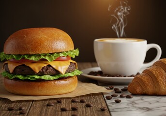 Delicious burger with cheese and lettuce on wood table, beside hot latte with art and coffee beans.

