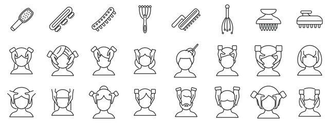 Head massage icons set. Hairdressers massaging clients' scalps, using brushes, combs, and other tools, promoting relaxation and hair health