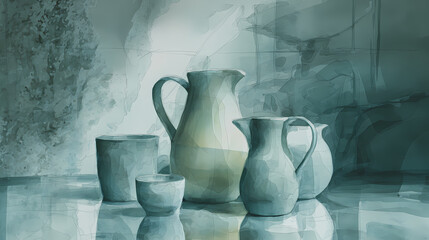 print series for contemporary salons | structure of perception | contemplative stillness | pale green and slate blue | spatial ambiguity | ceramic pitchers | modulated contours | tonal structure |