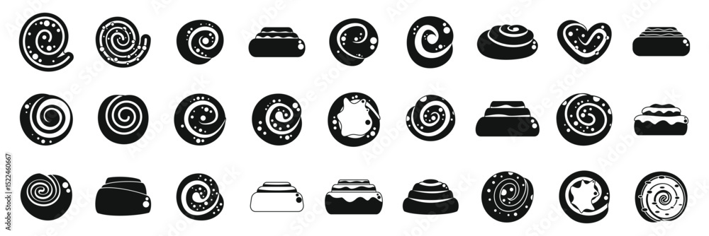 Poster cinnamon bun icons set. delicious cinnamon rolls are depicted in various shapes and with different t