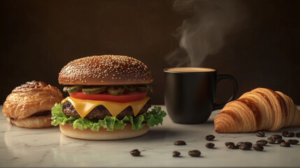 Delicious burger with cheese and lettuce on wood table, beside hot latte with art and coffee beans.
