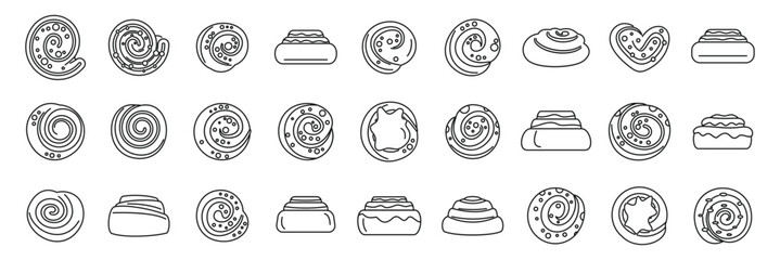 Cinnamon bun icons set. Cinnamon rolls are depicted in various shapes and presentations, showcasing swirls, icing, and different baking styles