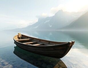 Wooden Boat Floating on a Calm Lake with Mountains in the Background