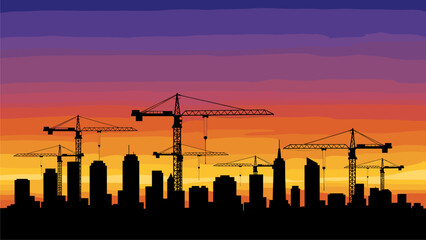 Obraz premium Cityscape Construction at Sunset Silhouette