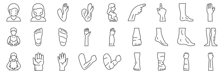 Edema icons set. Collection of simple black and white icons representing various human body parts, including arms, legs, hands, and feet, ideal for medical or anatomy projects