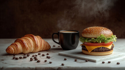 Delicious burger with cheese and lettuce on wood table, beside hot latte with art and coffee beans.
