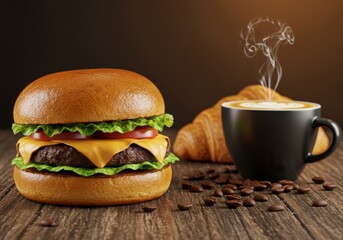 Delicious burger with cheese and lettuce on wood table, beside hot latte with art and coffee beans.
