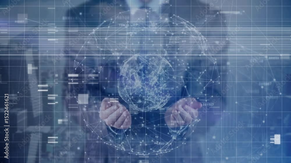 Poster when glitching grid overlay executive cradling rotating 3d globe pulsing before scattering data