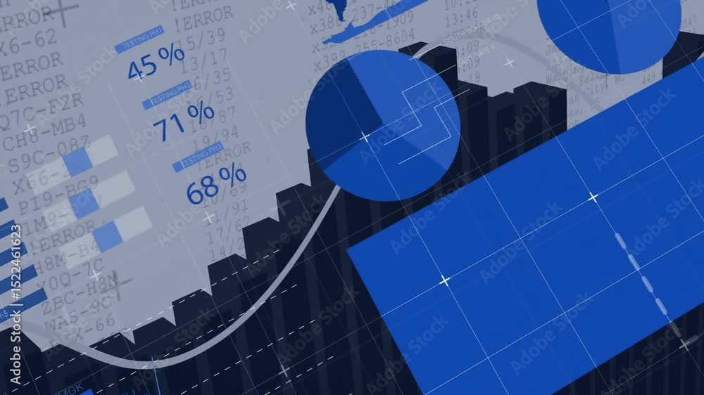 Poster dark blue 3d bars rising and data table sliding while dashboard animating data visualization