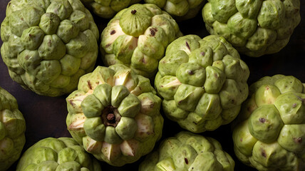 Obraz premium Cherimoya Custard apples sold in Mumbai, India, Asia. Tropical fruits. Top view. 