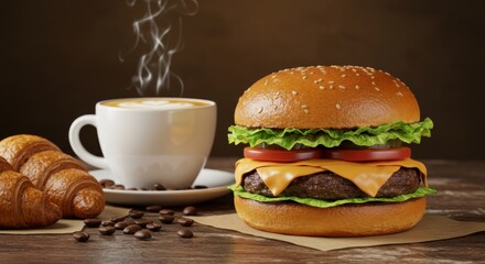 Delicious burger with cheese and lettuce on wood table, beside hot latte with art and coffee beans.
