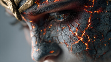 Close-up of a face with cracked, fiery makeup