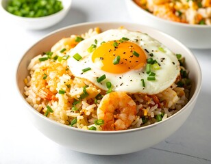 Bowl of fried rice with shrimp and egg