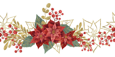 Seamless border with a red poinsettia Christmas flower, green and golden vegetation, berries highlighted on a white background. Design element