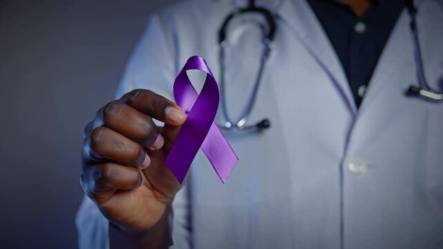 A doctor holds a purple ribbon to raise awareness for cancer, Alzheimer’s, and other diseases.