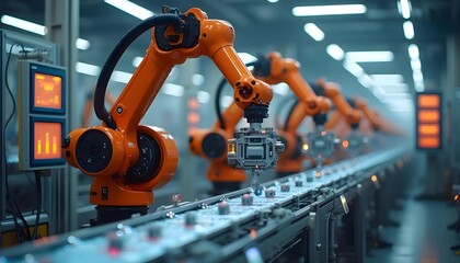 Automated Robotic Arms Operating in High-Tech Manufacturing Factory