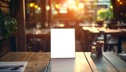 Blank menu display on a wooden restaurant table.