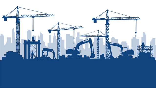Construction Skyline: Blue Silhouette of Cranes and Heavy Machinery