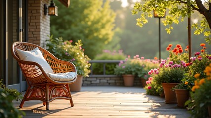 Obraz premium Flowery terrace with wooden floor and comfortable rattan wicker chair on a spring summer evening 