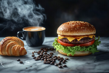 Delicious burger with cheese and lettuce on wood table, beside hot latte with art and coffee beans.
