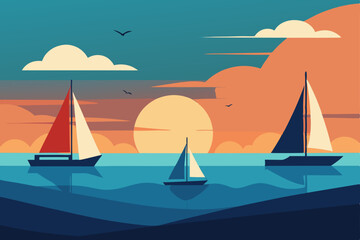 sunset sailboats glide on the ocean